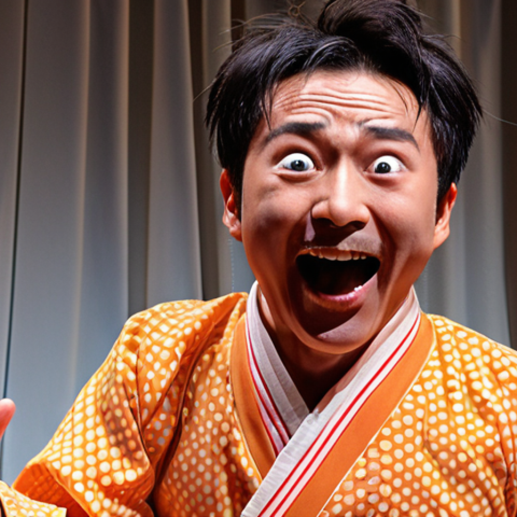 **

A vibrant, energetic stage scene with a Japanese comedian ("A-san") in the spotlight. He's doing a surreal, unexpected bit, perhaps involving a crazy "あるあるネタ" (relatable situation skit) with a bizarre punchline. The audience is laughing hysterically. The overall feel should be pop and slightly absurd, reflecting the "シュールな笑い" (surreal humor). Consider a manga-style exaggeration for comedic effect.

**