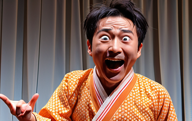 **

A vibrant, energetic stage scene with a Japanese comedian ("A-san") in the spotlight. He's doing a surreal, unexpected bit, perhaps involving a crazy "あるあるネタ" (relatable situation skit) with a bizarre punchline. The audience is laughing hysterically. The overall feel should be pop and slightly absurd, reflecting the "シュールな笑い" (surreal humor). Consider a manga-style exaggeration for comedic effect.

**