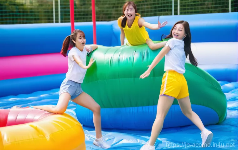 대만 버라이어티 쇼 인기 순위 - **Prompt 1: Lively Idol Challenge on an Inflatable Obstacle Course**
    A vibrant, wide-angle shot ...