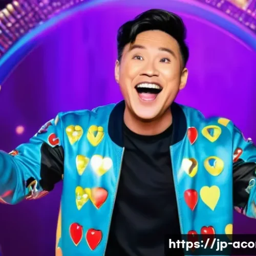 아시아 코미디언 SNS 영향력 - **Prompt:** A dynamic, high-energy image of a male Asian comedian on a brightly lit virtual stage, s...