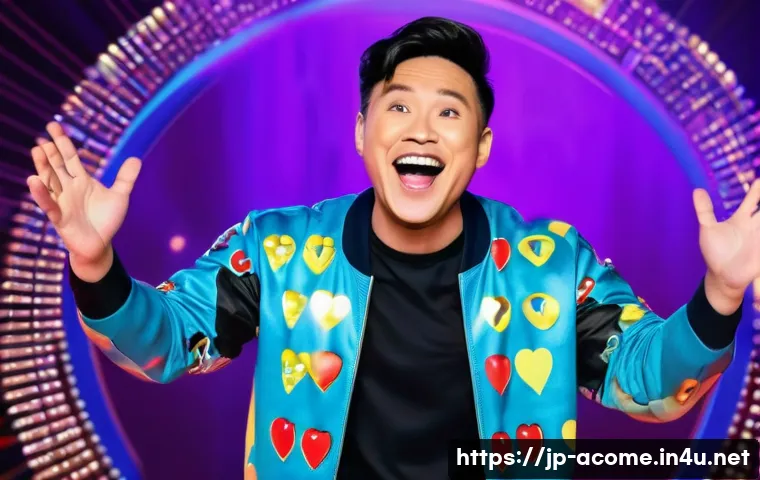 아시아 코미디언 SNS 영향력 - **Prompt:** A dynamic, high-energy image of a male Asian comedian on a brightly lit virtual stage, s...