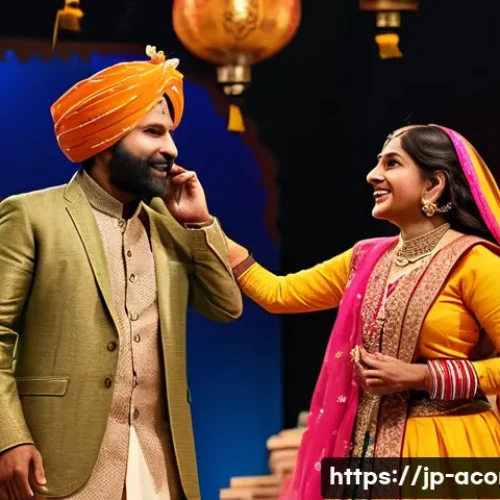 인도와 서양 코미디 비교 - A vibrant Indian comedy stage scene featuring actors in colorful traditional costumes with intricate...