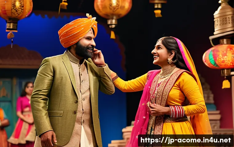 인도와 서양 코미디 비교 - A vibrant Indian comedy stage scene featuring actors in colorful traditional costumes with intricate...