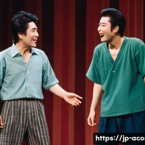 다운타운 일본 개그 듀오  역사 - A detailed, dynamic scene of a Japanese comedy duo performing manzai on stage in the late 1980s, cap...