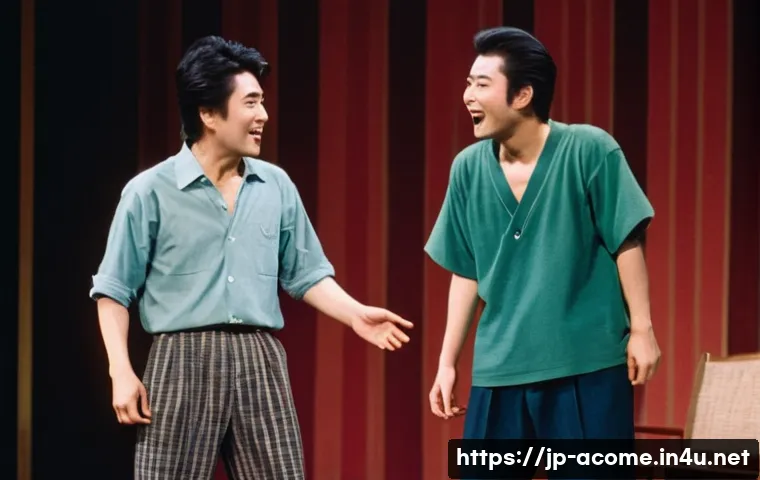 다운타운 일본 개그 듀오  역사 - A detailed, dynamic scene of a Japanese comedy duo performing manzai on stage in the late 1980s, cap...