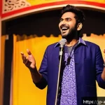 인도 스탠드업 코미디 역사 - A vibrant scene of an Indian stand-up comedy club in Mumbai, featuring a confident male comedian dre...