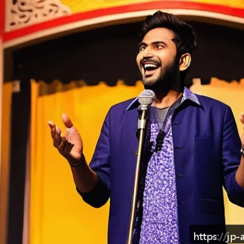 인도 스탠드업 코미디 역사 - A vibrant scene of an Indian stand-up comedy club in Mumbai, featuring a confident male comedian dre...