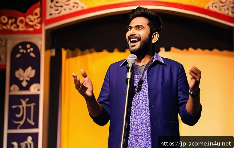 인도 스탠드업 코미디 역사 - A vibrant scene of an Indian stand-up comedy club in Mumbai, featuring a confident male comedian dre...
