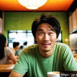 주성치 영화와 코미디의 철학 - A lively scene in a bustling Hong Kong-style coffee shop, featuring a clumsy but endearing male prot...
