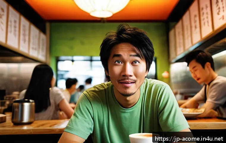 주성치 영화와 코미디의 철학 - A lively scene in a bustling Hong Kong-style coffee shop, featuring a clumsy but endearing male prot...