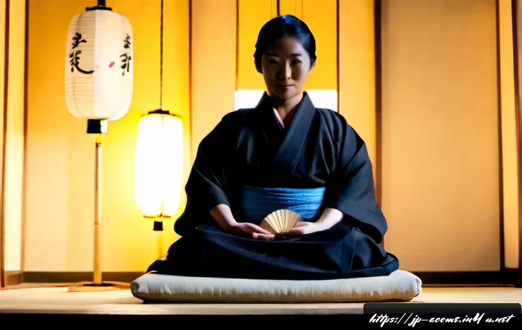 라쿠고와 현대 개그의 관계 - Photorealistic Japanese rakugo performer in a traditional kimono seated alone on a simple cushion on...